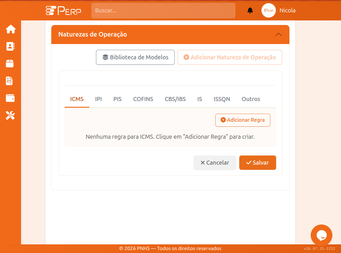 Tela de configuração fiscal do pERP com regras de ICMS, IPI, PIS, COFINS, IBS e CBS